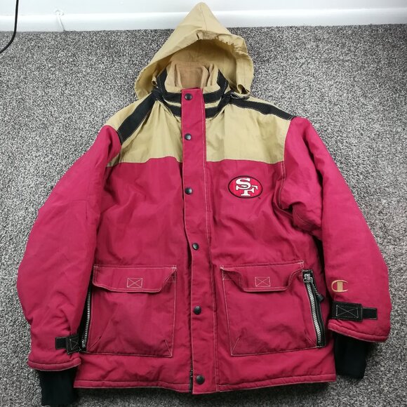 Vintage San Francisco 49ers Jacket Champion Quilted Packable Hood Mens Large